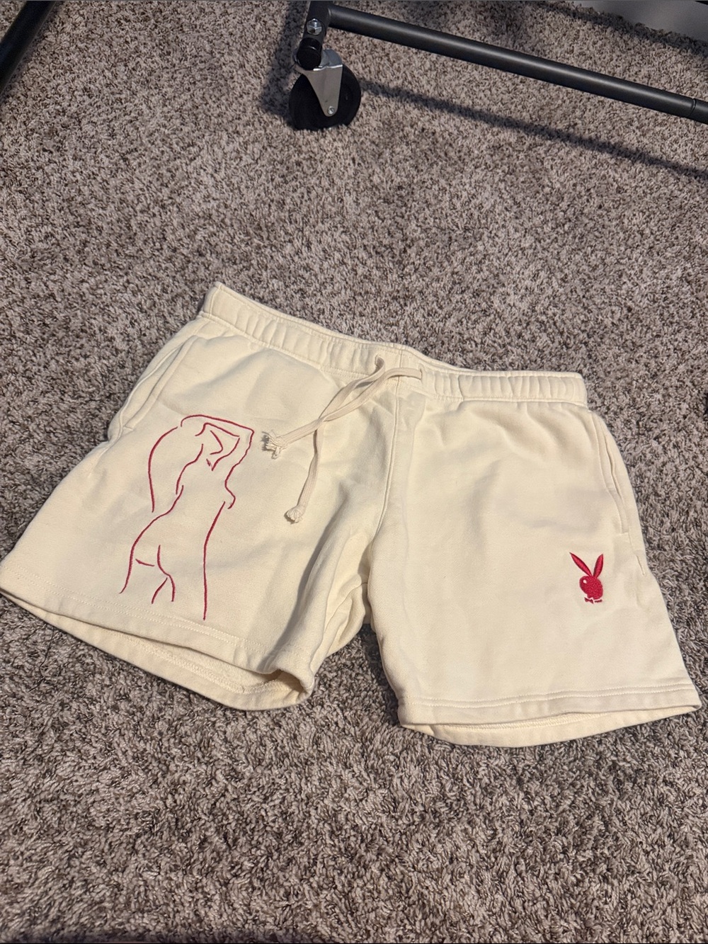 Playboy Embroidered Cream Lounge Shorts with Red Accent